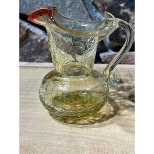 Vintage Amber Crackle Glass Small Pitcher w/ handle. Ruffle Lip. 4" tall.